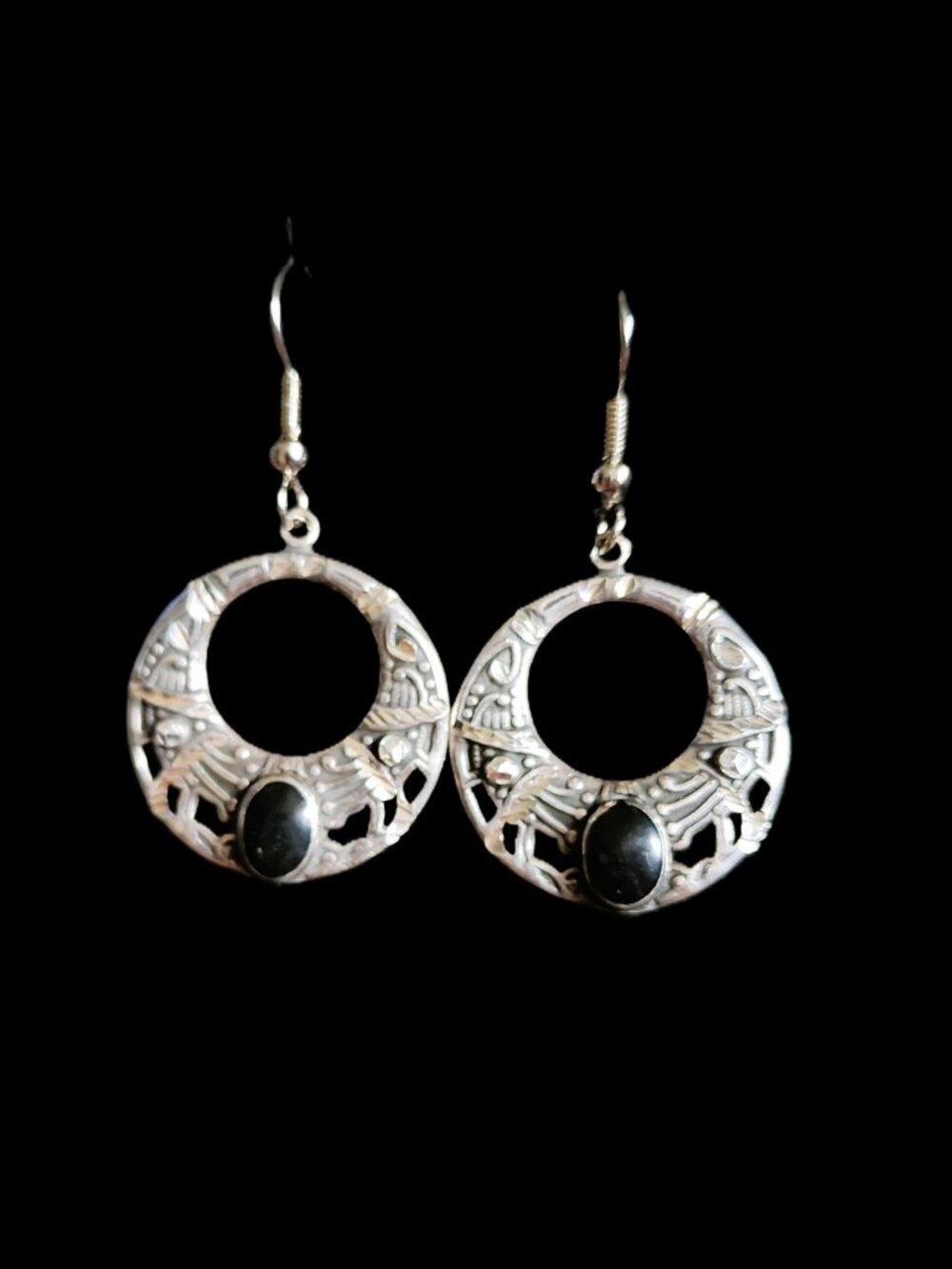Vintage 90s Southwestern 925 Sterling Silver Black Onyx Boho Drop Hoop Earrings